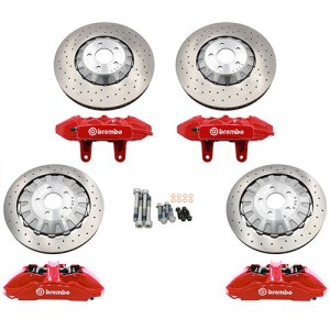 Ford Mustang Brake Kit - Front + Rear - Ford Racing - Cross Drilled Rotors + Brake Pads + Brembo Calipers - Gloss Red - `15-`17